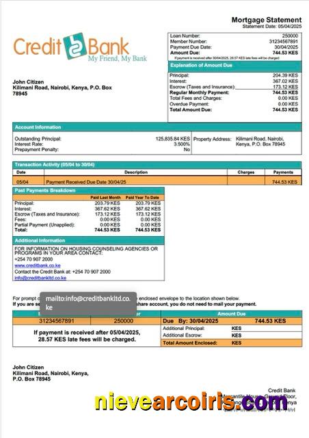 Kenya Credit Bank mortgage statement Word and PDF template